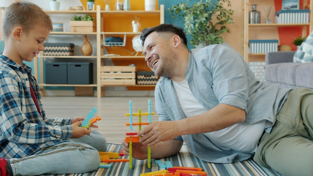 Children playing with wooden toys